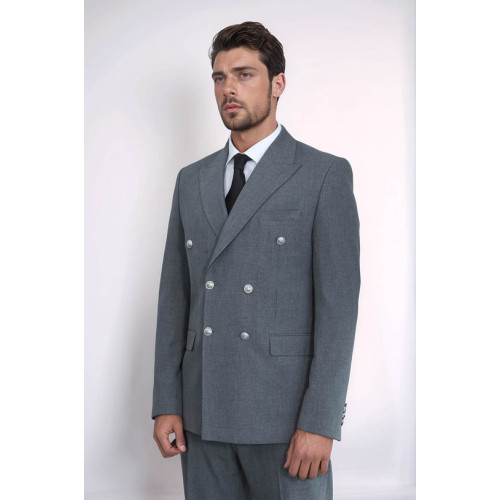 Modern Fit Double-Breasted Grey Men’s Suit with Silver-Tone Metal Buttons - Chadrobe