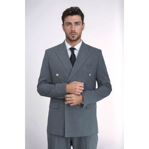 Modern Fit Double-Breasted Grey Men’s Suit with Silver-Tone Metal Buttons - Chadrobe