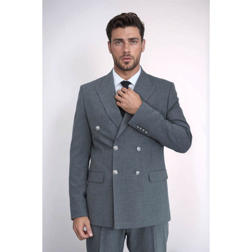 Modern Fit Double-Breasted Grey Men’s Suit with Silver-Tone Metal Buttons - Chadrobe