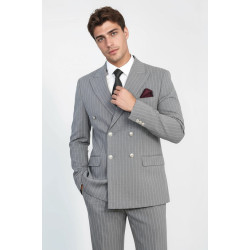Pinstripe Double Breasted Men’s Grey Suit with Silver Button Details - Chadrobe