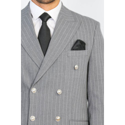 Pinstripe Double Breasted Men’s Grey Suit with Silver Button Details - Chadrobe