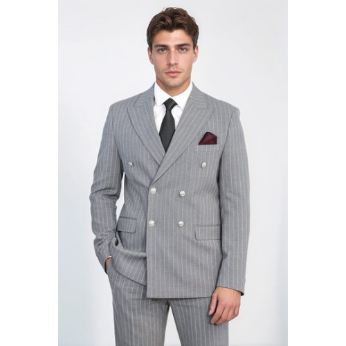 Pinstripe Double Breasted Men’s Grey Suit with Silver Button Details - Chadrobe