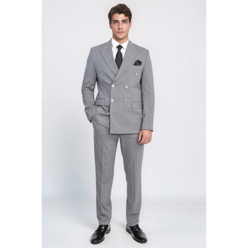 Pinstripe Double Breasted Men’s Grey Suit with Silver Button Details - Chadrobe