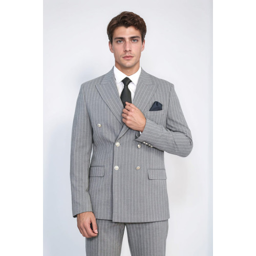 Pinstripe Double Breasted Men’s Grey Suit with Silver Button Details - Chadrobe