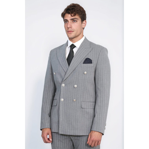 Pinstripe Double Breasted Men’s Grey Suit with Silver Button Details - Chadrobe