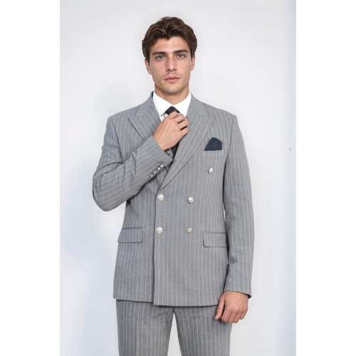 Pinstripe Double Breasted Men’s Grey Suit with Silver Button Details - Chadrobe