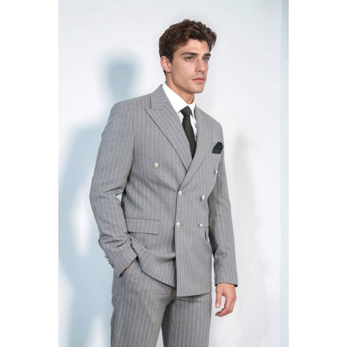 Pinstripe Double Breasted Men’s Grey Suit with Silver Button Details - Chadrobe