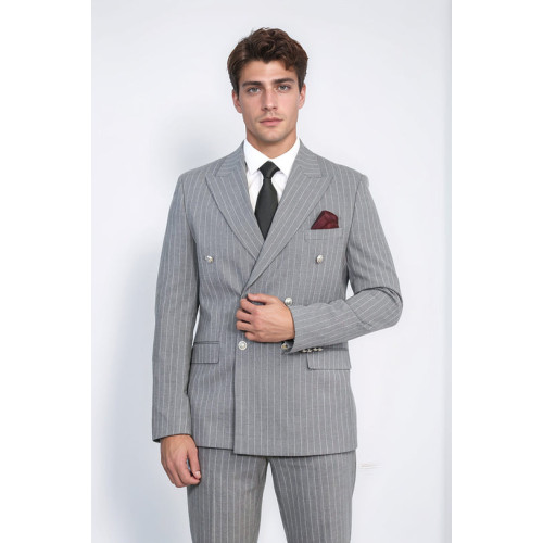 Pinstripe Double Breasted Men’s Grey Suit with Silver Button Details - Chadrobe