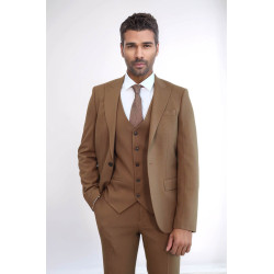 Three Piece Slim Fit Single Button Tan Men Suit - Chadrobe