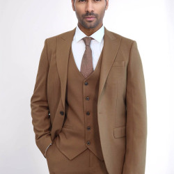 Three Piece Slim Fit Single Button Tan Men Suit - Chadrobe