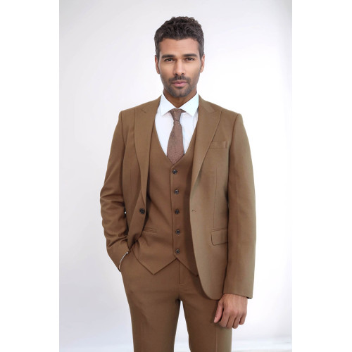 Three Piece Slim Fit Single Button Tan Men Suit - Chadrobe