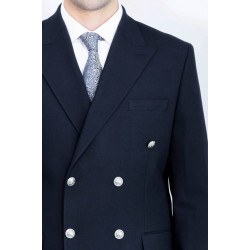 Modern Fit Double-Breasted Navy Men’s Suit with Silver-Tone Metal Buttons- Chadrobe