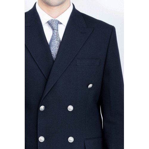 Modern Fit Double-Breasted Navy Men’s Suit with Silver-Tone Metal Buttons- Chadrobe