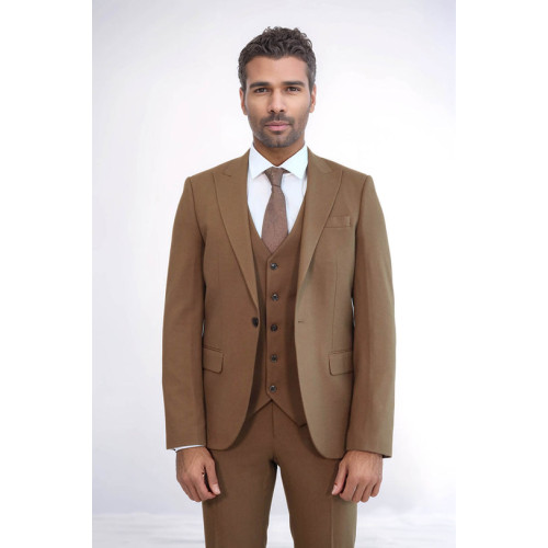 Three Piece Slim Fit Single Button Tan Men Suit - Chadrobe