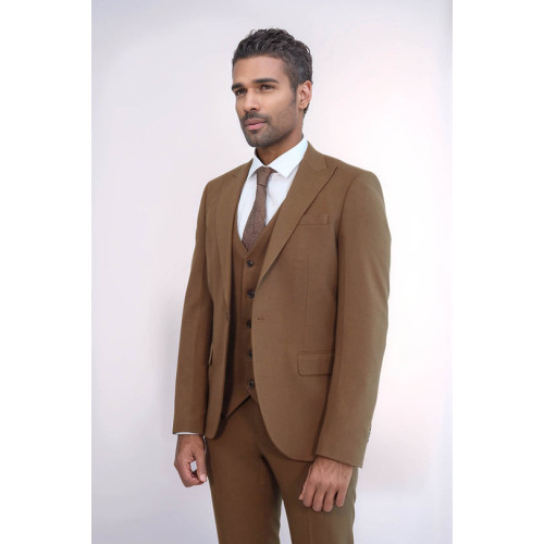 Three Piece Slim Fit Single Button Tan Men Suit - Chadrobe