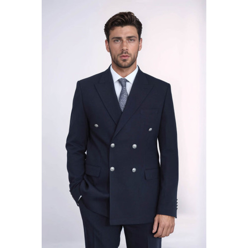 Modern Fit Double-Breasted Navy Men’s Suit with Silver-Tone Metal Buttons- Chadrobe