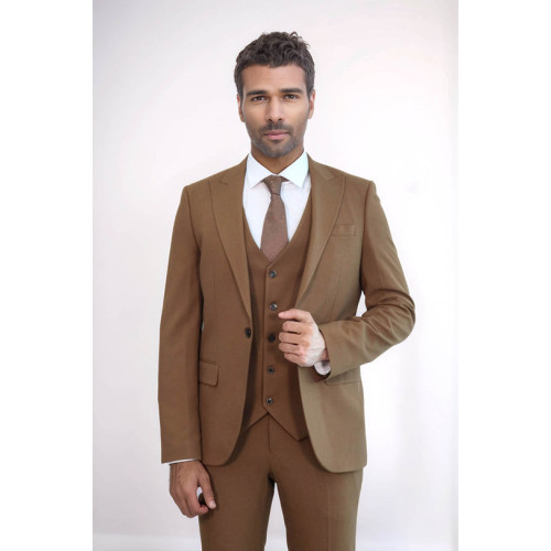 Three Piece Slim Fit Single Button Tan Men Suit - Chadrobe