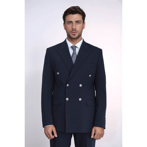 Modern Fit Double-Breasted Navy Men’s Suit with Silver-Tone Metal Buttons- Chadrobe