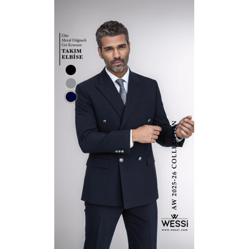 Modern Fit Double-Breasted Navy Men’s Suit with Silver-Tone Metal Buttons- Chadrobe