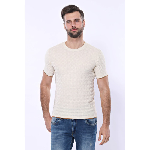 Cream Patterned Tricot Knitted T-Shirt