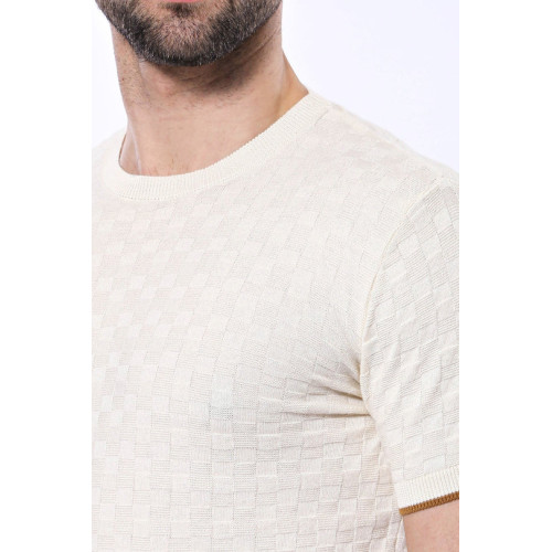 Cream Patterned Tricot Knitted T-Shirt