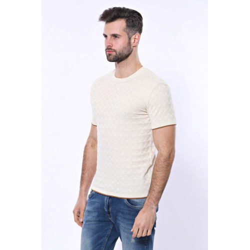 Cream Patterned Tricot Knitted T-Shirt