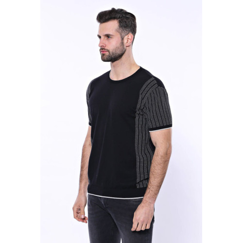 Black Crew-Neck Patterned Knitted T-Shirt