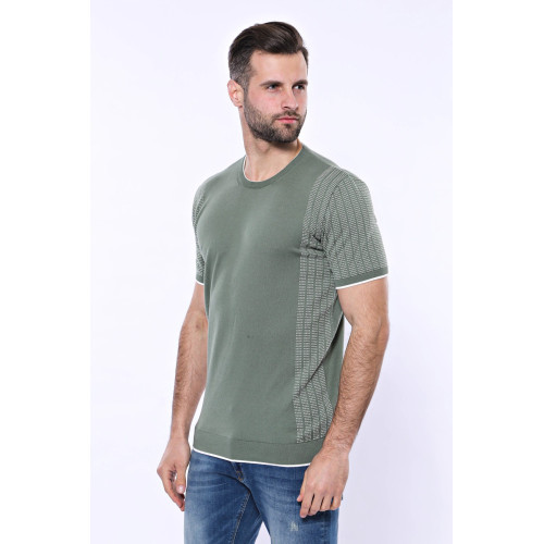 Crew-Neck Patterned Green Knitted T-Shirt| Green