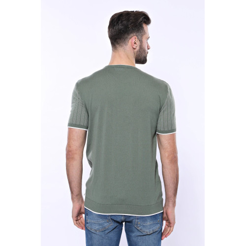 Crew-Neck Patterned Green Knitted T-Shirt| Green
