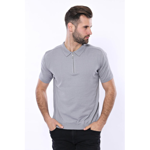 Crew-Neck Patterned Grey Knitted T-Shirt |Grey