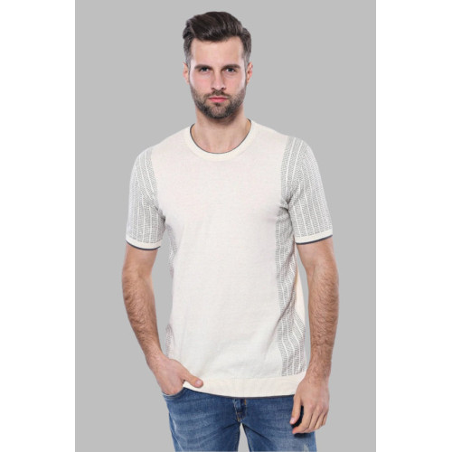 Crew-Neck Patterned Knitted Polo T-Shirt For Men |Cream