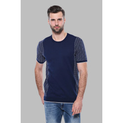 Crew-Neck Patterned Navy Knitted T-Shirt