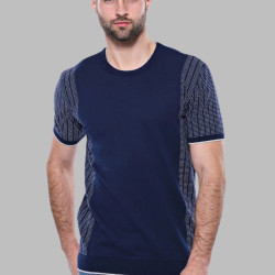 Crew-Neck Patterned Navy Knitted T-Shirt