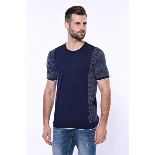 Crew-Neck Patterned Navy Knitted T-Shirt