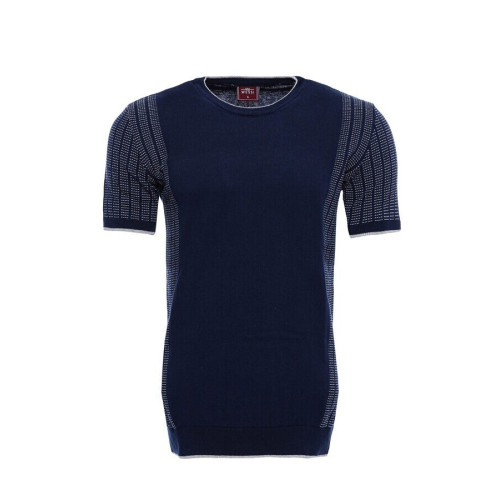 Crew-Neck Patterned Navy Knitted T-Shirt