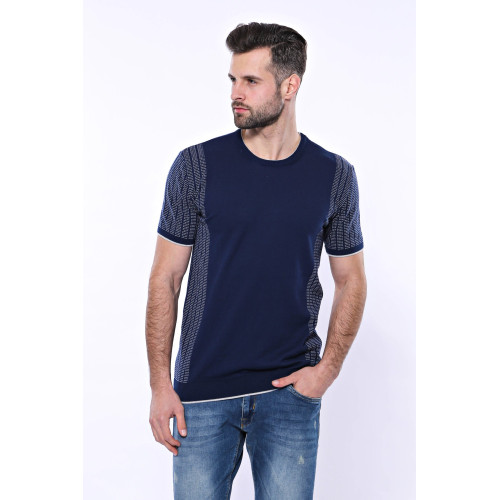 Crew-Neck Patterned Navy Knitted T-Shirt