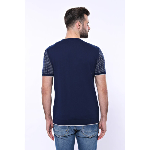 Crew-Neck Patterned Navy Knitted T-Shirt