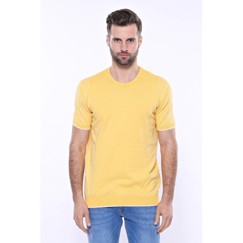 Crew-Neck Patterned Knitted  T-Shirt for Men | Yellow