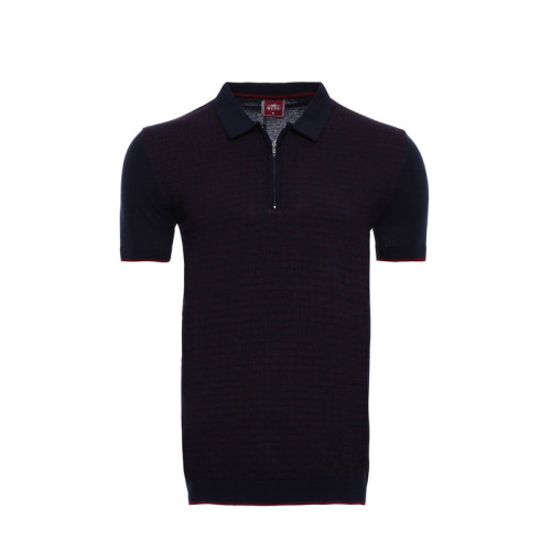 Dark Blue Plaid Zippered Knitted Polo T-Shirt For Men