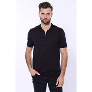 Dark Blue Plaid Zippered Knitted Polo T-Shirt For Men