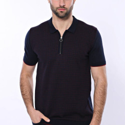 Dark Blue Plaid Zippered Knitted Polo T-Shirt For Men