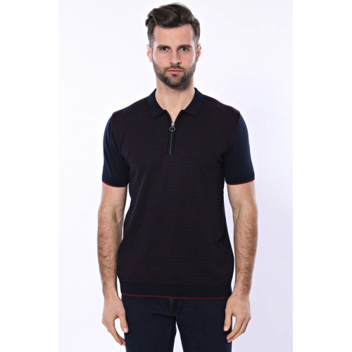 Dark Blue Plaid Zippered Knitted Polo T-Shirt For Men