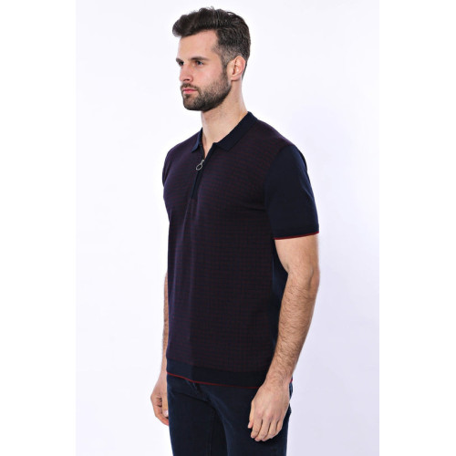 Dark Blue Plaid Zippered Knitted Polo T-Shirt For Men