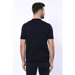 Dark Blue Plaid Zippered Knitted Polo T-Shirt For Men
