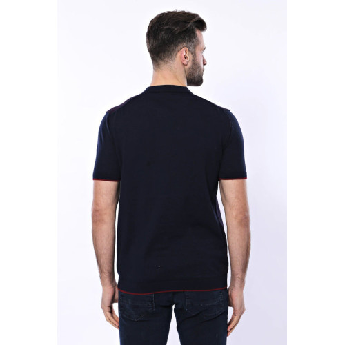 Dark Blue Plaid Zippered Knitted Polo T-Shirt For Men