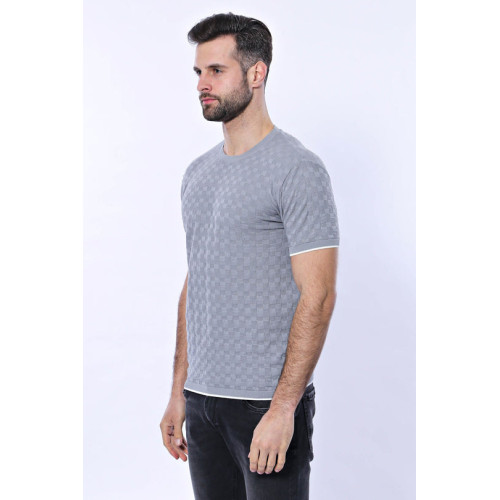 Grey Patterned Tricot Knitted T-Shirt