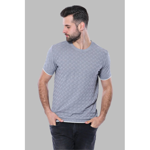 Grey Patterned Tricot Knitted T-Shirt