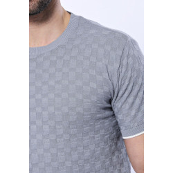 Grey Patterned Tricot Knitted T-Shirt