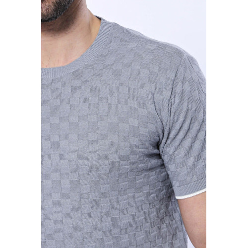 Grey Patterned Tricot Knitted T-Shirt