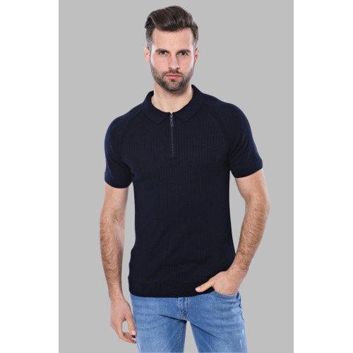 Patterned Black Knitted Polo T-Shirt for Men | Black